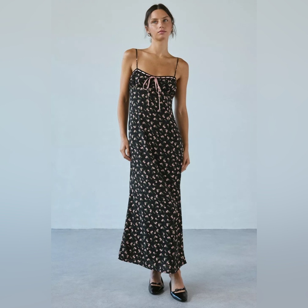 Kiss The Sky Black Floral Maxi Dress Pink Rose Ribbon Milkmaid NWT Large